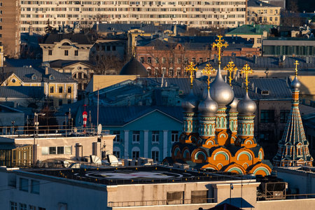 A helicopter pad on the building of the Research Institute of Emergency Pediatric Surgery and Traumatology and Church of St. Gregory of Neocaesarea on Polyanka Street.の写真素材