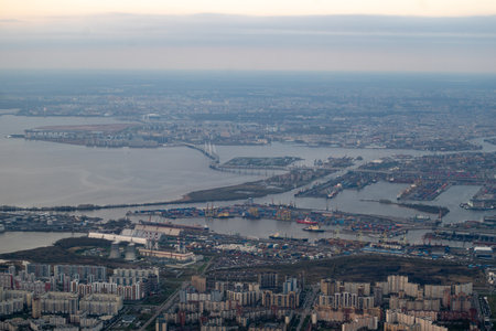 The Gulf of Finland and St. Petersburg from a bird's-eye view.の写真素材