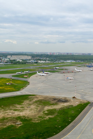 Planes at an international airport. Bird's-eye view.