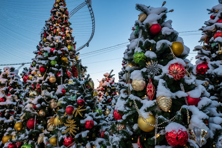 Christmas tree and New Year decorations on the town square on a frosty winter day.の写真素材