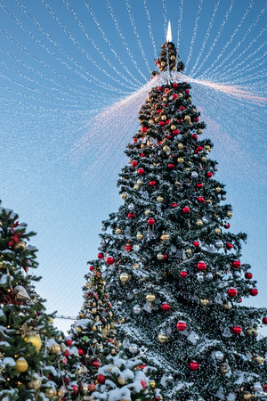 Christmas tree and New Year decorations on the town square on a frosty winter day.の写真素材