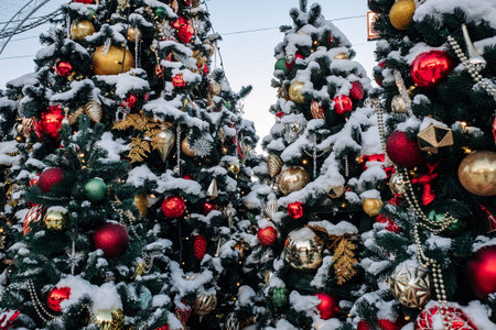 Christmas tree and New Year decorations on the town square on a frosty winter day.の写真素材