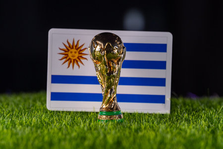 November 4, 2025, United States. FIFA World Cup on the background of the flag of Uruguay.のeditorial素材