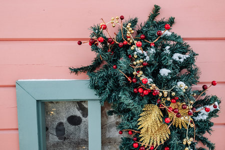 Christmas tree and New Year decorations on the town square on a frosty winter day.の写真素材