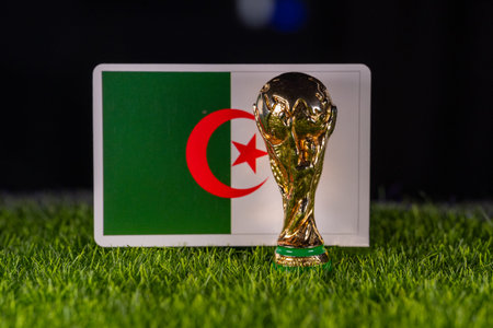 November 4, 2025, United States. FIFA World Cup on the background of the flag of Algeria. Algeria.のeditorial素材