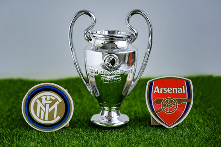 April 18, 2025, Moscow, Russia. The emblems of the football clubs participating in the UEFA Champions League Arsenal FC London and Inter Milan.のeditorial素材