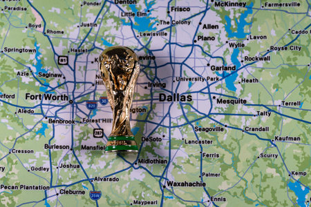 November 23, 2025, United States. Gold Cup on the background of a map of Dallas, one of the cities hosting the 2026 FIFA World Cupのeditorial素材
