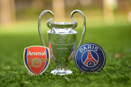 May 7, 2026, Budapest, Hungary. The emblems of the Arsenal London and Paris Saint-Germain football clubs participating in the final match of the UEFA Champions League.