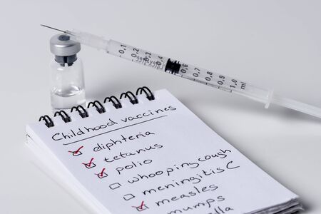 Immunization (vaccination) checklist with syringe and ampoule . English version.の写真素材