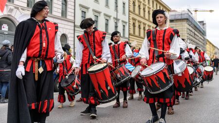 MUNICH, BAVARIA, GERMANY -  MARCH 13, 2016: drummers group of Kaufbeuren in Middle Ages clothing at...