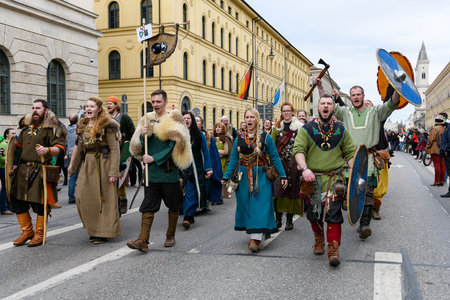 MUNICH, BAVARIA, GERMANY -  MARCH 11, 2018: People in clothes of the Middle Ages at the St. Patrick's Day Parade.のeditorial素材