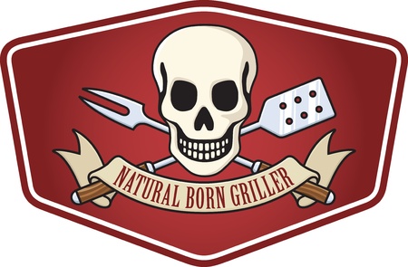 Natural Born Griller Barbecue Logo. Based on the classic skull and crossbones pirate flag. Features skull and crossed barbecue utensils and a banner proclaiming the universal barbecue credo: Natural Born Griller!のイラスト素材