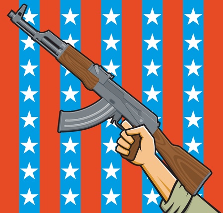  Illustration of a fist holding an assault rifle in front of American stars and stripes のイラスト素材