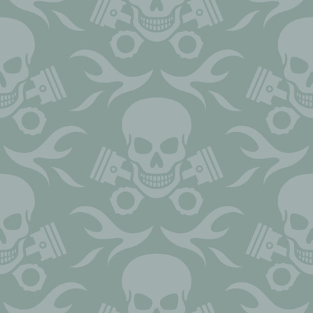 Seamless vector background pattern of skulls and crossed pistons with flames のイラスト素材