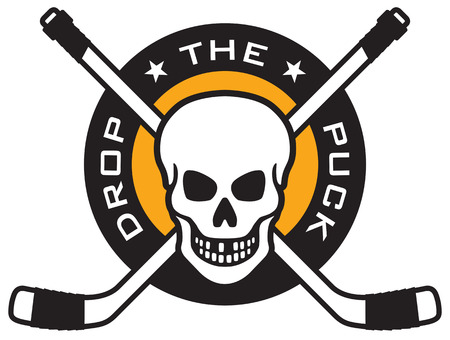 Hockey emblem with skull and crossed hockey sticks over puck with the words Drop The Puck. Easy to edit and scalable vector illustration. Great for shirts. team mascots, posters, etc.のイラスト素材