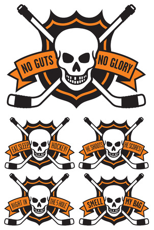 Hockey emblem with skull and crossed hockey sticks. Includes 5 different hockey themed slogans: No Guts No Glory.  Eat, Sleep, Hockey.  He Shoots, He Scores.  Right In The FIve Hole.  Smell My Bag. Easy to edit vectorのイラスト素材