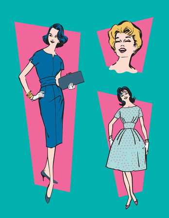 Retro 1950s Women.  Set of three vector illustrations of classic, mid-century 1950s women.のイラスト素材