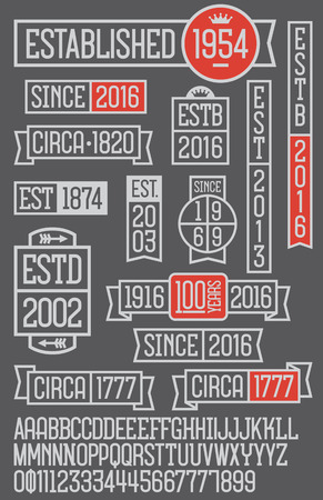 Set of fourteen vector date established business icons and emblems. Includes complete custom alphabet and number set with many alternate characters.のイラスト素材