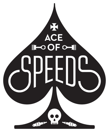 Ace Of Speeds motorcycle or car racing  design featuring ace of spades shape with skull, pistons and spark plug.のイラスト素材