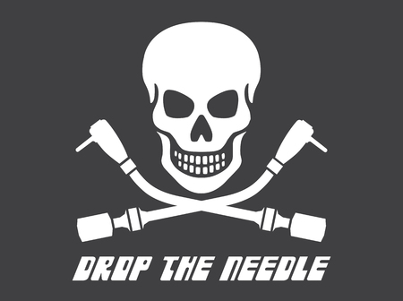 Vinyl record DJ vector logo Vector disc jockey skull and cross bones design featuring turntable tonearms. Drop the needle.のイラスト素材