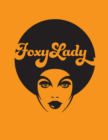 Foxy Lady Retro Illustration. Vector design of funky soul woman with afro on orange background.のイラスト素材
