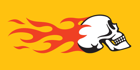 Flaming Skull Retro Hot Rod, Motorcycle Design. Vintage style vector illustration of speeding flaming skull from the side.のイラスト素材
