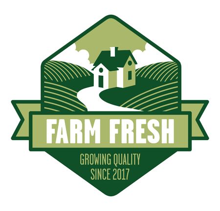 Farm Fresh Logo. Farmhouse logo or badge with fields of crops and banner.のイラスト素材