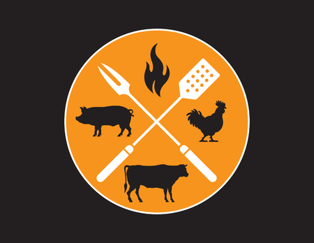 Circular Barbecue or Grilling emblem. Vector Barbecue design features cow, pig, chicken, and flame silhouette illustrations with crossed fork and spatula.のイラスト素材