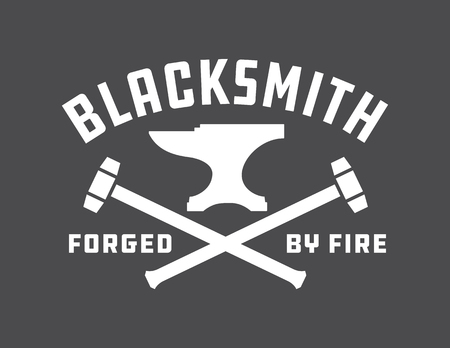 Blacksmith vector emblem or badge. Retro style blacksmith design with forging tools including hammers and anvil.のイラスト素材