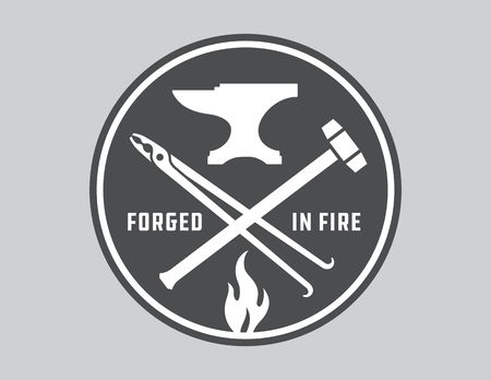 Blacksmith vector emblem or badge. Retro style blacksmith design with forging tools including...