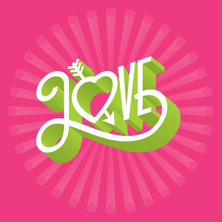 Love 3D typographic illustration with arrow through heart. Ornate hand-drawn vector illustration of the word love with swashes and three dimensional extruded look.のイラスト素材