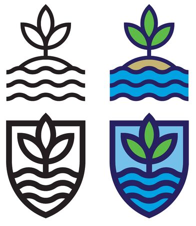 Set of land, sea and sky mono-line emblems. Bold outline, flat design graphics showing waves, leaves and sky. Includes isolated version and shield shape enclosed version.のイラスト素材