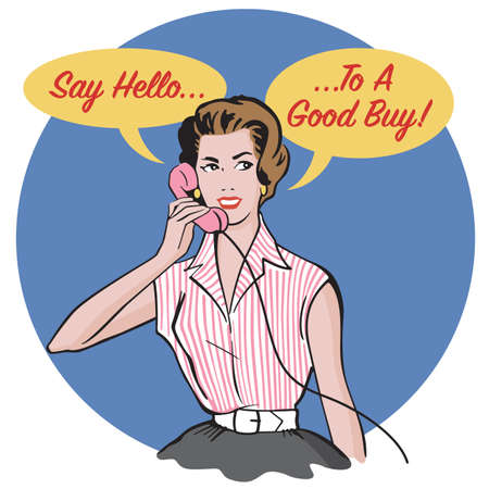 Vintage style advertising badge. Retro woman talking on phone with Say Hello To A Good Buy marketing slogan.のイラスト素材