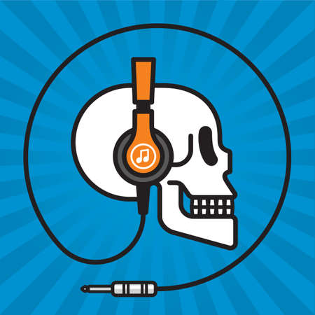 Skull wearing headphones music badge design.
Vector illustration of human skull listening to music with modern headphones. Cord or wire makes a circle around the image. Contemporary bold outline styleのイラスト素材