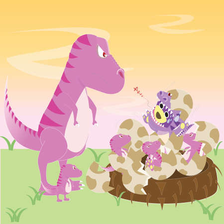 Dinosaur pink mom meet with her children and Mr.Purple bear in Dinosaur costume,Tyrannosaurus with children,T-rex pink family,Pink dinoのイラスト素材