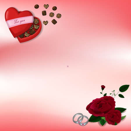 Valentine's day on the red background with chocolate hearts box,rose and rings,Vector illustrationのイラスト素材