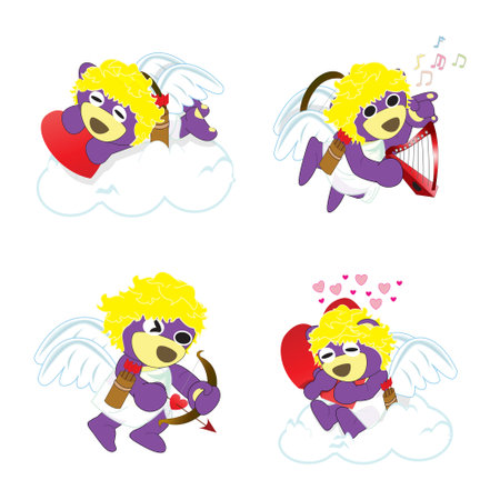 Mr.Purple bear is a cupid stickers set 2,Valentine's day set,take a nap,play a harp,bowman,hugのイラスト素材