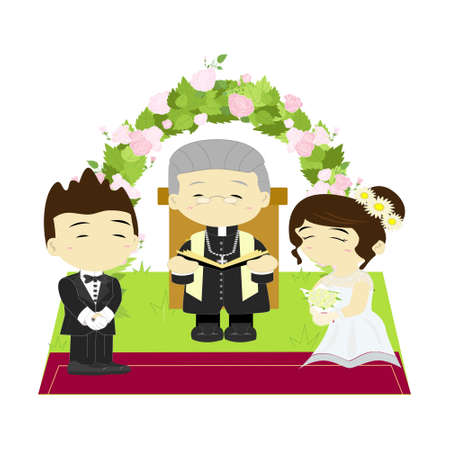 Couple with priest marry in garden,Bride and Groom attend the ceremony to wedding,Priest make wedding ceremony,couples marriage,wedding love,celebration,lovers,Christian weddingのイラスト素材
