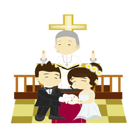 Couple with priest marry in church,Bride and Groom attend the ceremony to wedding,Priest make wedding ceremony,couples marriage,wedding love,celebration,lovers,Christian weddingのイラスト素材