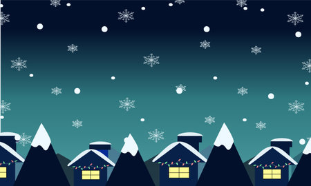 Snow in the village evening,Flat winter landscape,snowflake and snow,winter holiday wallpaper,night skyのイラスト素材