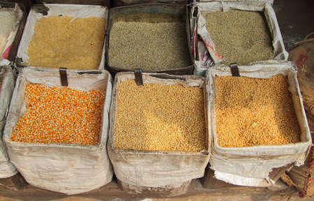 different cereals in the market of Delhi, Indiaの写真素材