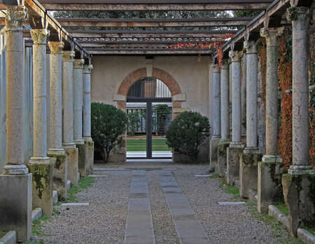 row of column on the entrance to museum in Verona, Italyの写真素材