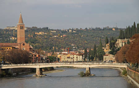 river landscape with bridge in city Verona, Italyの写真素材