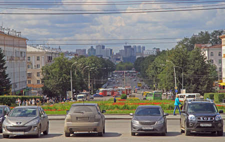 Yekaterinburg, Russia - July 20, 2015: people are moving by and along Lenin avenue in Yekaterinburg, Russiaのeditorial素材