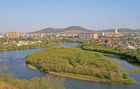 river Selenga and cityscape of Ulan Ude, Russiaの写真素材
