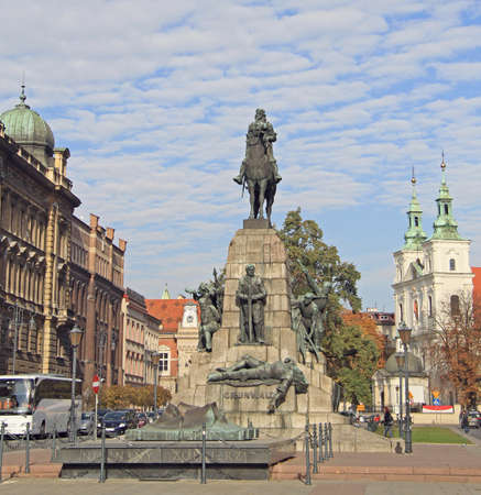 Krakow, Poland - October 29, 2015: Battle of Grunwald monument in Krakow. A monument to the Battle of Grunwald was erected in Krakow for the battle's 500th anniversary. It was destroyed during World War II by the Germans and rebuilt in 1976のeditorial素材