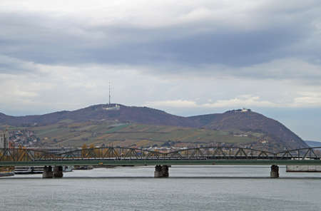 Leopoldsberg and riverside of Danube in Vienna, Austriaの写真素材