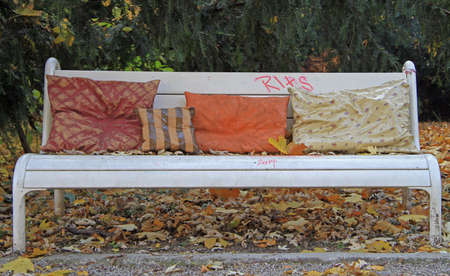 bench with pillows in public park of Bratislava, Slovakiaの写真素材