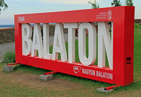 Tihany, Hungary - July 6, 2017 sign 'Balaton' in Tihany Hungaryのeditorial素材