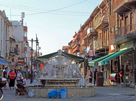 Edirne, Turkey - August 7, 2017: people are walking at the fountain on the main pedestrian street in Edirne, Turkeyのeditorial素材